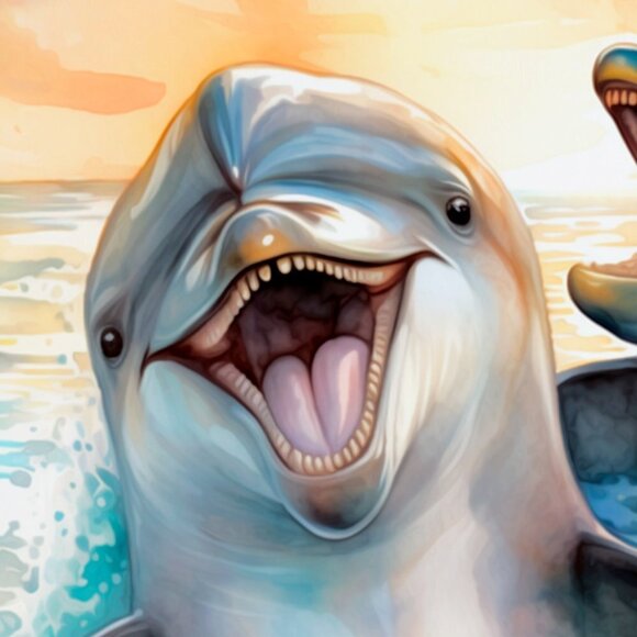 16x20 Happy‎ Dolphins Playing Splashing Watercolor Oil Painting Fantasy Poster - Picture 3 of 6